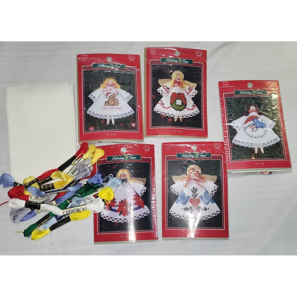 Holiday Time Cross Stitch Kit Lot 5 Angel Ornaments Bear Wreath Santa Poinsettia